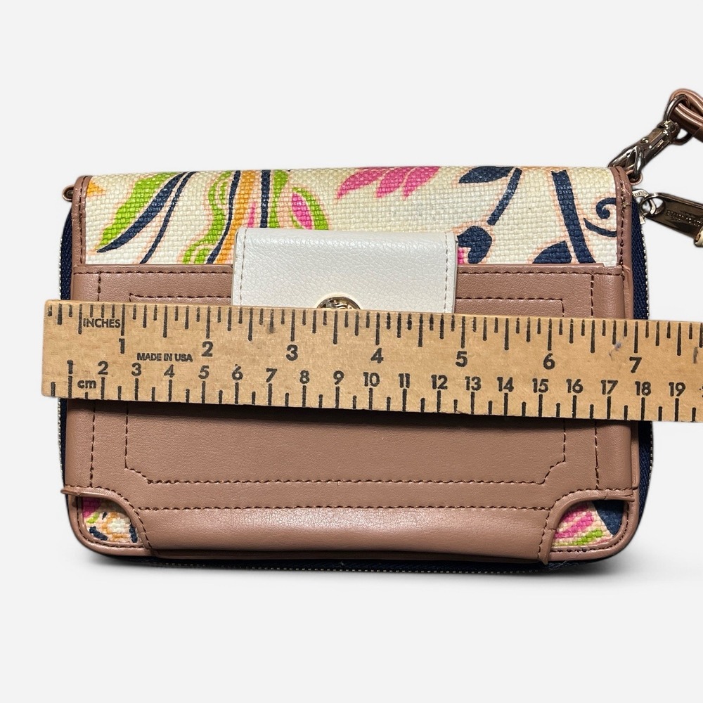 Spartina 449 Wristlet Wallet Brown‎ Leather Colorful Paisley Linen Phone Pocket - Picture 8 of 11